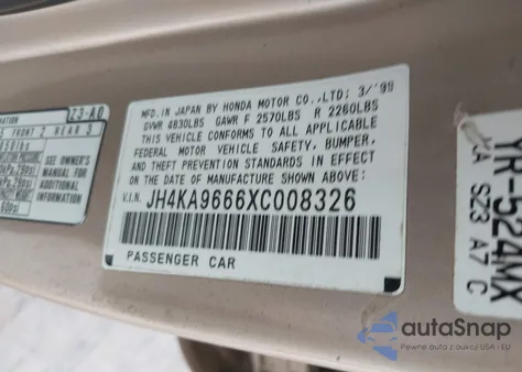 1999 Acura Rl 3.5 z USA, uszkodzony, nr VIN JH4KA9666XC008326